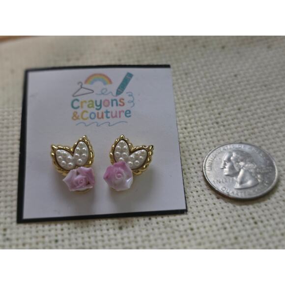 CottageCore Pink Faux Pearl Pierced Earrings Coquette Gold Tone Studs Gift Cute - Picture 2 of 3